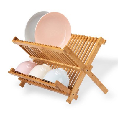 Double Dish Drainer Foldable Bamboo Dish Drying Rack