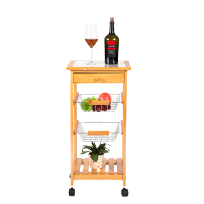 Modern Mobile Kitchen Vegetable With Basket Wooden Serving Trolley