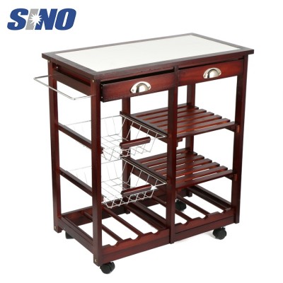 4-Tier Rolling With Drawers Dining Portable Wood Kitchen Trolley Cart