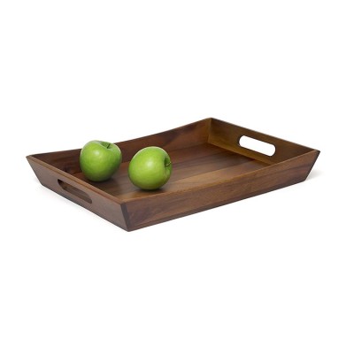 Elegant Rectangular Curved Design With Cutout Handles Acacia Wood Tray